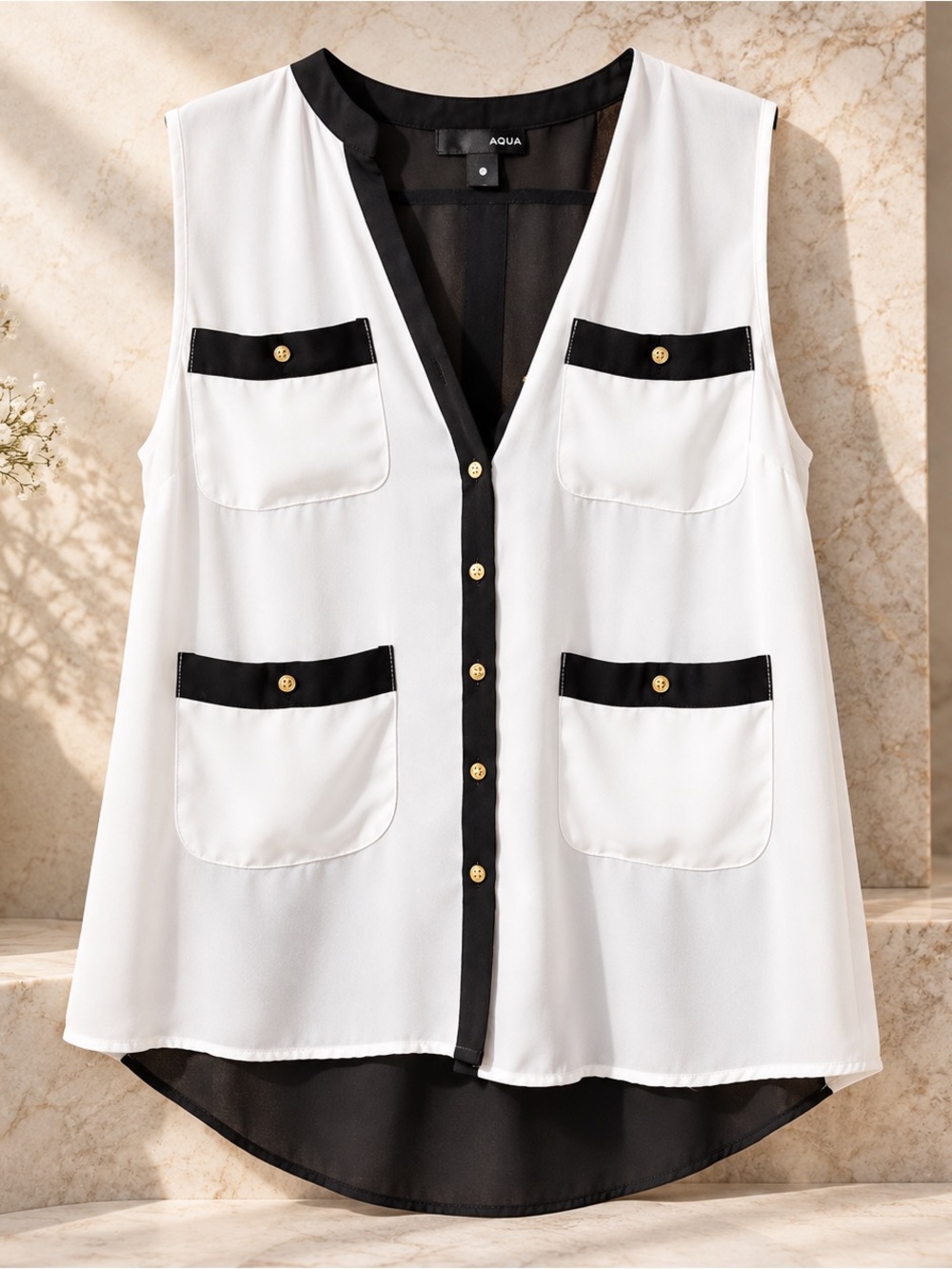 Aqua White Sleeveless Blouse with Black Contrast Trim